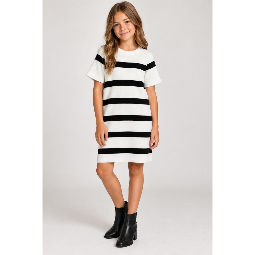 Zara Striped Ribbed Knit Sweater Dress Kids 11-12 White Black